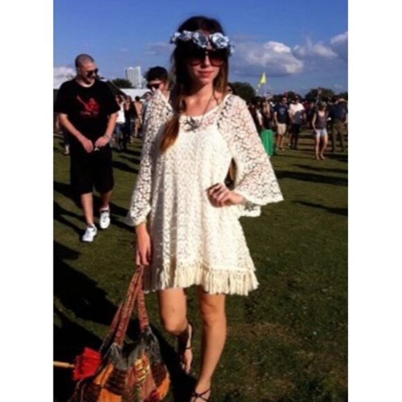Gypsy Junkies X Free People Cream Lace Crochet Boho Fringe Tunic Mini Dress M/L - Picture 10 of 13